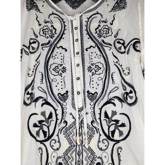 V Cristina Tunic Top, Women's Button Up White with Navy Embroidery, Three-Quarte - Picture 4 of 8